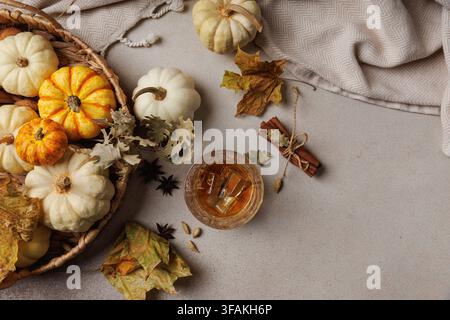 Flatlay d'un verre de whisky avec des glaçons, du cannelle, du cardamome et des citrouilles blanches sur un fond automnal confortable.. Banque D'Images