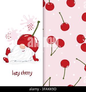 Set de cerises. Gnome mignon et motif avec des baies. Illustration vectorielle de cerises pour tissu, conception de t-shirt Illustration de Vecteur