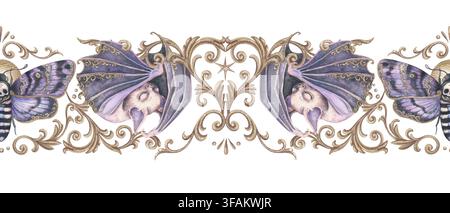 Ornement avec une adorable chauve-souris endormie et une bordure sans couture en filigrane doré. Aquarelle dessinée à la main avec volute baroque dorée et motif victorien. Graphique antique pour design d’Halloween et ruban adhésif décoratif washi. Banque D'Images