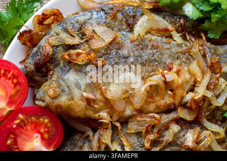 Grossissement de poisson carpe frite avec des oignons. Poisson frais frit avec légumes Banque D'Images