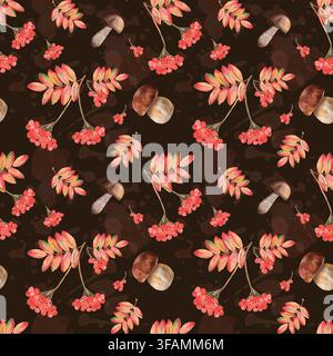 Un motif sans couture en aquarelle représentant des baies de sorbier, des feuilles d'automne et des champignons sauvages avec de délicates éclaboussures d'aquarelle roses sur un fond sombre. Banque D'Images