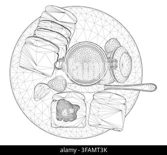 Une esquisse détaillée en fil de fer d'une assiette avec du pain grillé, une fraise et de la confiture disposés esthétiquement à côté d'une tasse de café et d'une cuillère. Illustration de Vecteur