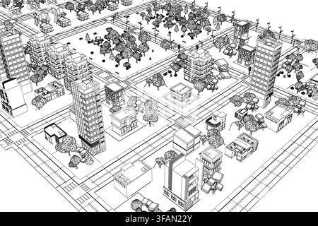 Paysage urbain en low poly avec des bâtiments géométriques, des arbres et des véhicules dans un dessin de contour noir et blanc épuré sur fond blanc. Illustration de Vecteur