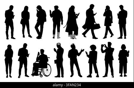 Des silhouettes noires représentent des individus divers en mouvement Illustration de Vecteur