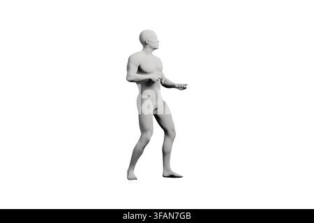 Un modèle de figure masculine rendu en 3D se tient confiant avec un bras étendu vers l'avant et l'autre le long du corps, capturé en profil latéral contre une Banque D'Images