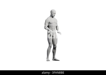 Un modèle masculin se tient confiant dans une pose trois-quarts avant-gauche contre un fond de studio blanc élégant, mettant en valeur une définition musculaire et le postérieur Banque D'Images