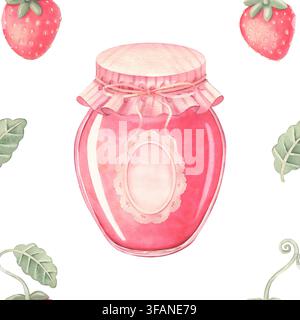 Motif sans couture avec des bocaux de confiture charmants, des fraises. Illustration aquarellée peinte à la main isolée sur blanc pour textile de cuisine, produit, emballage Banque D'Images