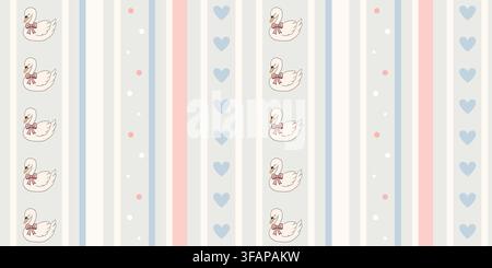 Motif élégant à rayures sans couture en pastel avec cygnes, cœurs et points en rose, bleu, crème et couleurs neutres douces pour des designs pour bébés et enfants Illustration de Vecteur