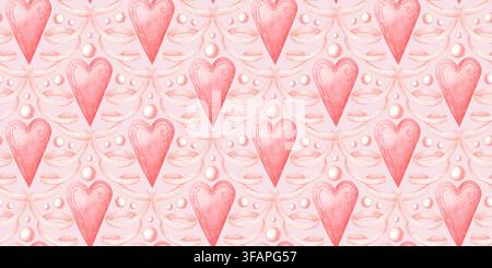 Cœurs roses, rubans et perles, motif sans couture sur fond rose, aquarelle. Design romantique pour emballage cadeau, papeterie, papier peint, textile p Banque D'Images
