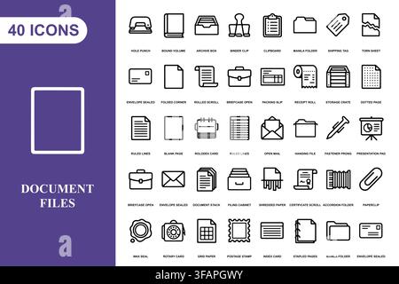Une collection complète de quarante icônes en lignes artistiques pour la gestion de documents et de fichiers de bureau destinées aux applications professionnelles. Illustration de Vecteur