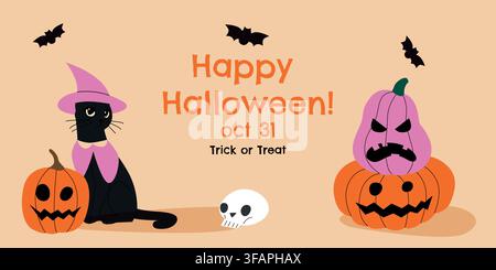 Carte de vœux Halloween mignonne avec un chat noir en costume de sorcière, des citrouilles effrayantes, un crâne, des chauves-souris volantes et une typographie festive Happy Halloween. Illustration de Vecteur