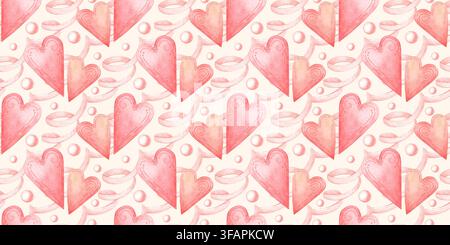 Rubans roses, perles et cœurs, motif sans couture sur fond pêche, aquarelle. Design romantique pour emballage cadeau, papeterie, papier peint, textile Banque D'Images