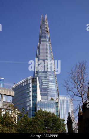 Vue en contre-plongée de The Shard avec The News Building au premier plan et des arbres en dessous. Banque D'Images