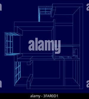 Plan architectural détaillé de l'intérieur d'une maison sur fond bleu, montrant l'agencement de l'appartement avec des contours nets des pièces et des dimensions. Illustration de Vecteur