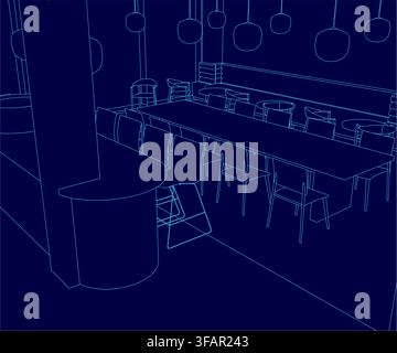Un plan de restaurant présente une longue table à manger avec des chaises, un pilier central et une zone cuisine détaillée. Divers objets suspendus sont montrés en c Illustration de Vecteur