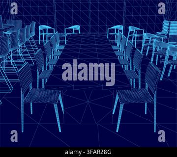 Un modèle fil de fer 3D d'un coin salle à manger et d'une cuisine, comprenant une longue table avec des chaises autour et une table d'appoint avec des objets. La scène inclut de Illustration de Vecteur