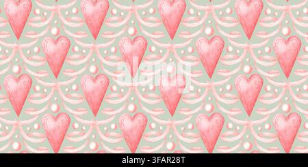 Cœurs roses, rubans et perles, motif sans couture sur fond menthe, aquarelle. Design romantique pour emballage cadeau, papeterie, papier peint, textile p Banque D'Images