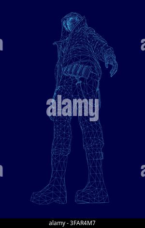 Une femme de style wireframe portant des vêtements et un équipement militaires se tient devant un fond bleu. L'illustration numérique artistique présente un masque à gaz et Illustration de Vecteur
