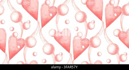 Cœurs roses, rubans fluides et perles de nacre, motif aquarellé sans couture. Design romantique pour emballages cadeaux, papeterie, impressions textiles, emballages et de Banque D'Images