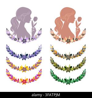 Un ensemble d'illustrations élégantes de silhouettes féminines avec des couronnes florales dans différents schémas de couleurs. Design féminin adapté au branding, aux affiches. Illustration de Vecteur