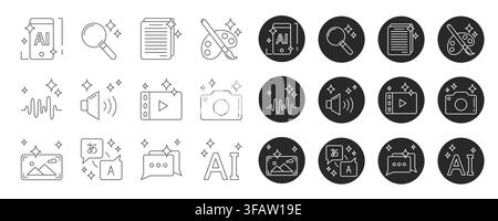 Ensemble d'icônes IA rondes avec des étoiles scintillantes isolées sur fond blanc. Illustration vectorielle en lignes de symboles pour les outils d'intelligence artificielle, pictogramme de traduction et de recherche, symboles photo ou vidéo Illustration de Vecteur