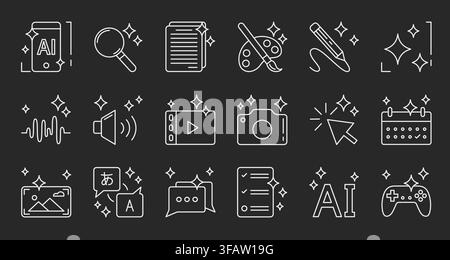 Ensemble d'icônes IA avec des étoiles étincelantes isolées sur fond noir. Illustration vectorielle en ligne de signes pour des outils d'intelligence artificielle, pictogramme de traduction et de recherche, symboles photo ou vidéo Illustration de Vecteur
