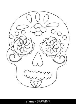 Design complexe de crâne de sucre dessiné à la main avec des motifs floraux et des éléments décoratifs, idéal pour le coloriage artistique et les décorations festives Illustration de Vecteur