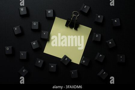 Note adhésive jaune minimale avec clip de classeur sur un fond de clavier sombre Banque D'Images