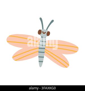Illustration vectorielle d'un personnage de libellule rose mignon avec de grands yeux et des ailes déployées. Insecte de mare d'été isolé sur fond blanc Illustration de Vecteur
