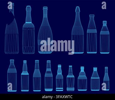 Un ensemble de bouteilles bleues uniques disposées selon un motif en grille précis sur un fond bleu uni. Le design en fil de fer de chaque bouteille crée un effet frappant Illustration de Vecteur