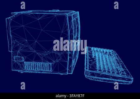 Un modèle de fil de fer d'ordinateur rétro avec clavier et souris repose sur un fond de bureau bleu. Le rendu 3D détaillé offre une réaliste et techn Illustration de Vecteur