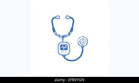 Icône de stéthoscope numérique bleu avec écran de moniteur de rythme cardiaque médical pour un kit d'outils de diagnostic de santé. Illustration de Vecteur