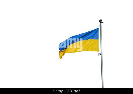 Drapeau ukrainien bleu-jaune flottant isolé sur fond blanc Banque D'Images