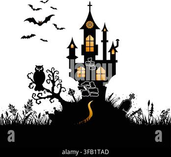 Carte de souhaits pour l'halloween avec Château sur fond de pleine lune, vector illustration Illustration de Vecteur