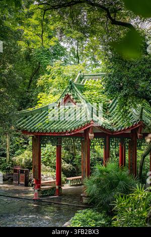 Pavillon traditionnel chinois avec un toit en tuiles vertes et des piliers rouges, entouré d'une végétation luxuriante sur la montagne Diecai (colline du brocart plié) Banque D'Images
