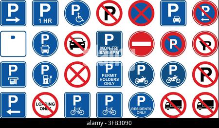 Ensemble de panneaux de signalisation de stationnement routier international en bleu et rouge, parfait pour les directives de sécurité des transports publics. Illustration de Vecteur