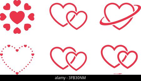 Collection romantique de cœurs rouges mettant en vedette des symboles d'amour et des formes de couples pour des projets de conception de mariages et de la Saint-Valentin. Illustration de Vecteur
