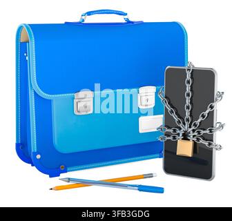 Interdiction du smartphone à l'école avec sac à dos et téléphone verrouillé, concept de discipline numérique. Rendu 3D isolé sur fond blanc Banque D'Images
