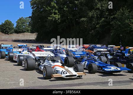 BRM P153 (1971) et Tyrrell 001 (Jackie Stewart, (1970), Centenaire du British Grand Prix, Musée de Brooklands, Weybridge, Surrey, Angleterre, Royaume-Uni, Europe Banque D'Images