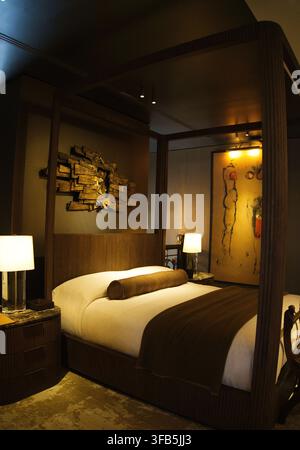Intérieur de chambre moderne luxueux comprenant un lit à baldaquin en bois avec un éclairage ambiant chaleureux, des lampes de chevet et des œuvres d'art encadrées sur les murs. Banque D'Images