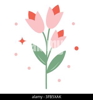 Trois fleurs de tulipes roses avec des pointes rouges et des feuilles vertes en croissance, illustration vectorielle stylisée pour le printemps et les thèmes botaniques Illustration de Vecteur