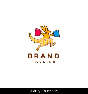 Conception de logo de mascotte kangourou heureux faisant ses courses. Conception de logo de kangourou marchant joyeusement en portant des sacs de courses. Illustration de Vecteur