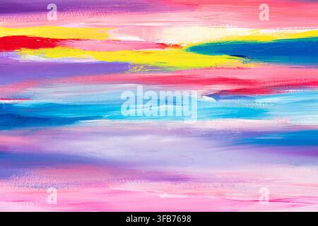 Peinture acrylique abstraite colorée avec des coups de pinceau horizontaux roses, bleus, jaunes et violets sur toile, rappelant un ciel de coucher de soleil sur l'eau, fait à la main Banque D'Images