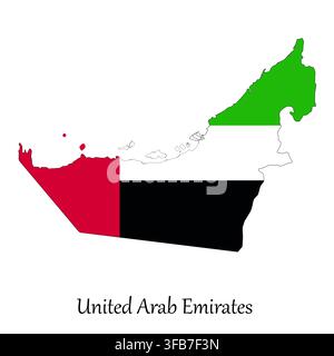 Illustration : Carte des Émirats arabes unis, découpée dans les couleurs du drapeau du pays sur fond blanc Banque D'Images