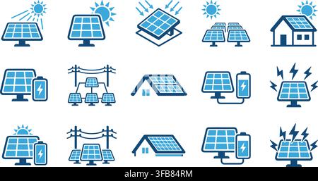 Ensemble d'icônes de panneaux solaires en couleurs bleues illustrant la production d'énergie propre et les symboles du système d'électricité renouvelable. Illustration de Vecteur