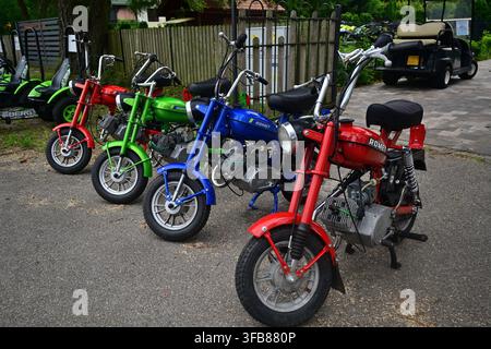 Mini-mopeds vintage colorés garés en rangée sur de l'asphalte près d'une clôture en bois. Banque D'Images