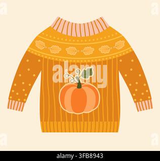 Joli pull en tricot d'automne dans des tons orange chauds avec citrouille, vêtements d'automne confortables pour les invitations et cartes de vœux de Thanksgiving Illustration de Vecteur