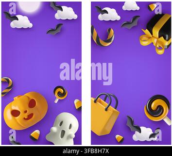 Arrières-plans Halloween pour tours ou friandises avec fantôme citrouille en 3D, nuages de bonbons et cadeaux sur un ciel violet Illustration de Vecteur