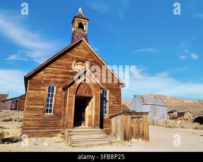 Bodie, Californie, 17/10/2018 Description : Gros plan de l'église méthodiste historique dans la ville fantôme de Bodie. Banque D'Images