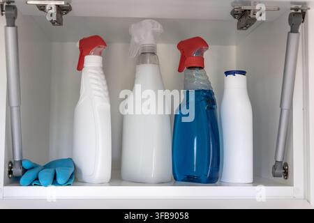 Différentes bouteilles de nettoyage et une paire de gants bleus sont rangées sur une étagère dans un placard de cuisine ou de buanderie Banque D'Images